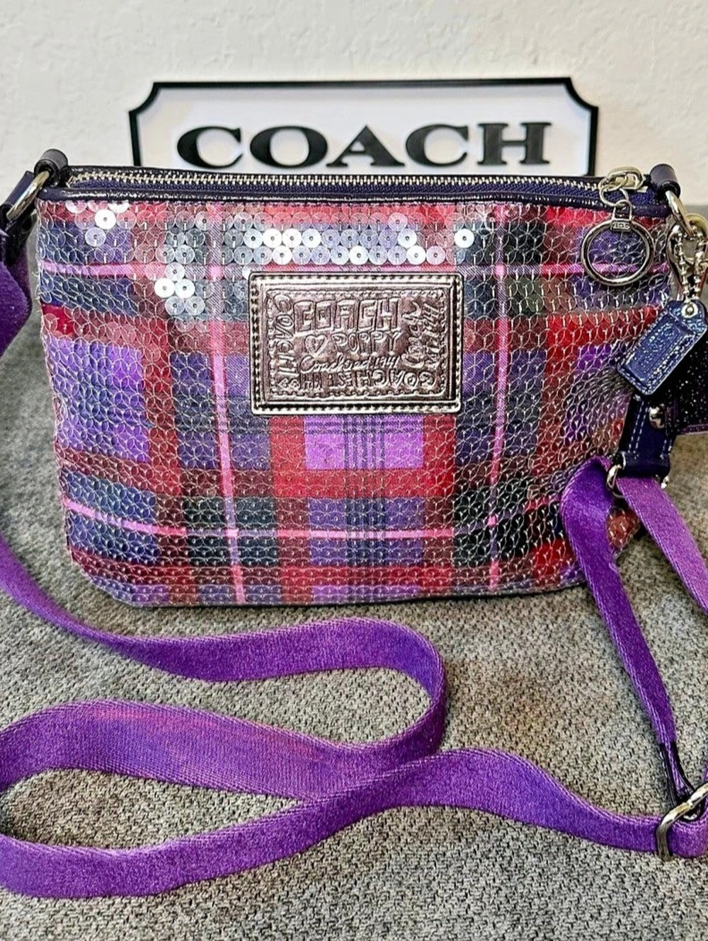 Coach Poppy Tartan Plaid Sequin Groovy Crossbody Bag Purple & Pink